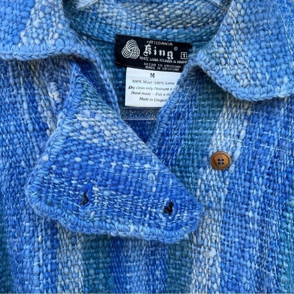 Handmade 100% Wool Fringe Poncho Artesania King Uruguay Blue Stripe Woven Medium - Picture 7 of 13